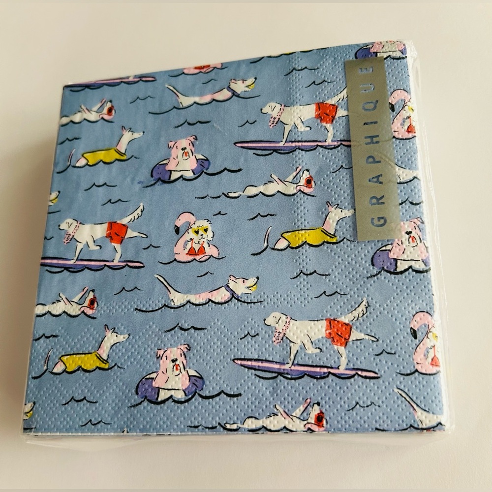 New 40 Graphique Paper Cocktail Napkins Dogs Ocean Surfing Swimmimg - Picture 8 of 16